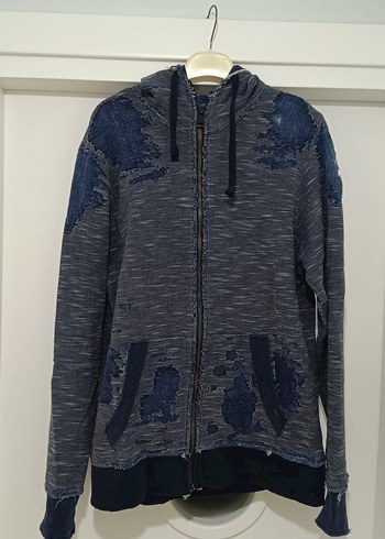 Gri Kapüşonlu Denim Detaylı Erkek Sweatshirt - Görsel 8