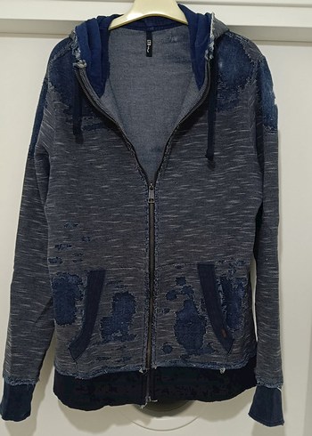 Gri Kapüşonlu Denim Detaylı Erkek Sweatshirt - Görsel 9