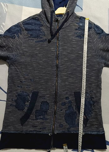 Gri Kapüşonlu Denim Detaylı Erkek Sweatshirt - Görsel 10