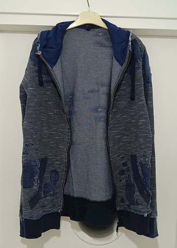 Gri Kapüşonlu Denim Detaylı Erkek Sweatshirt - Görsel 3