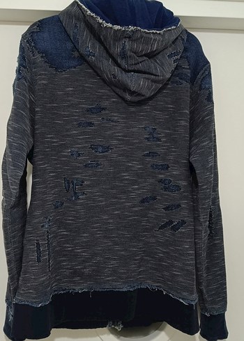 Gri Kapüşonlu Denim Detaylı Erkek Sweatshirt - Görsel 2