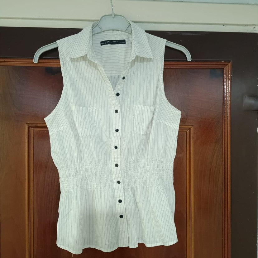 Zara Kolsuz Beyaz çizgili Kadın Gömlek - Görsel 3