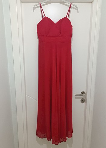Kırmızı Uzun Askılı Abiye Elbise - Görsel 13