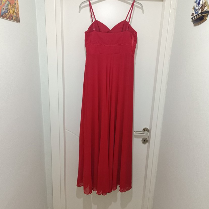 Kırmızı Uzun Askılı Abiye Elbise - Görsel 4