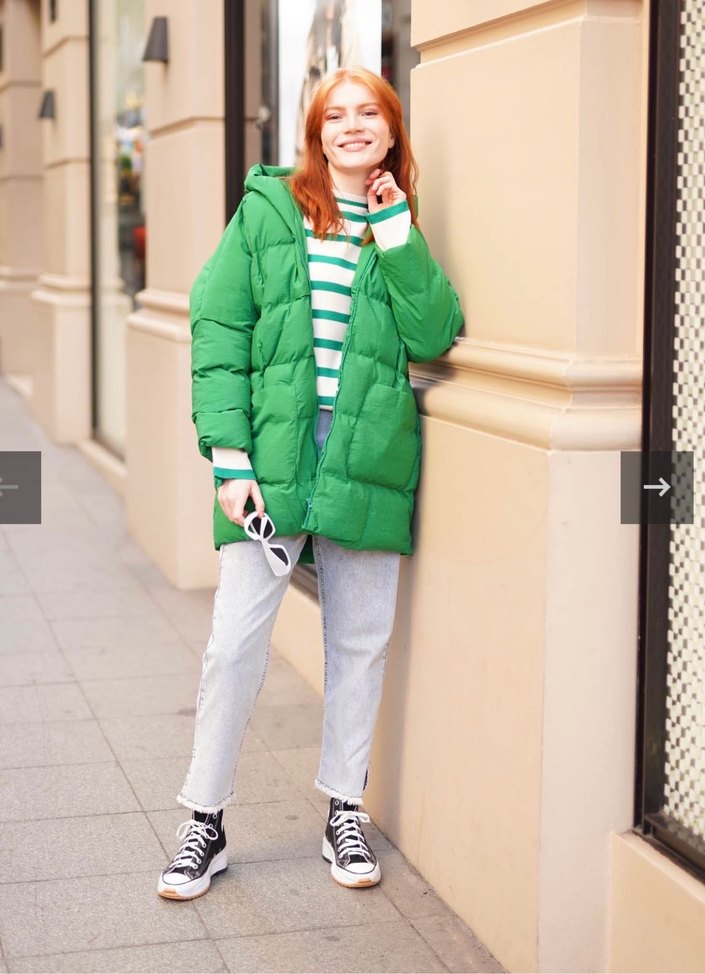 Genç Kadın Yeşil Kapüşonlu Puff Mont - Görsel 3