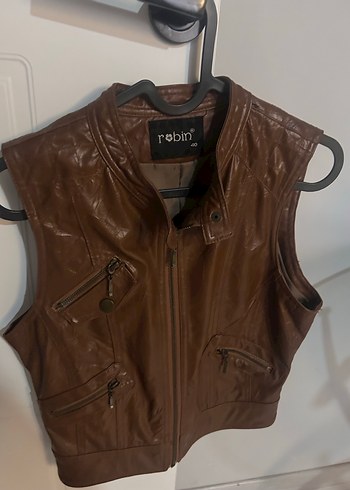Kahverengi Kadın Deri Kemerli Biker Yelek - Görsel 2