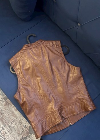 Kahverengi Kadın Deri Kemerli Biker Yelek - Görsel 4