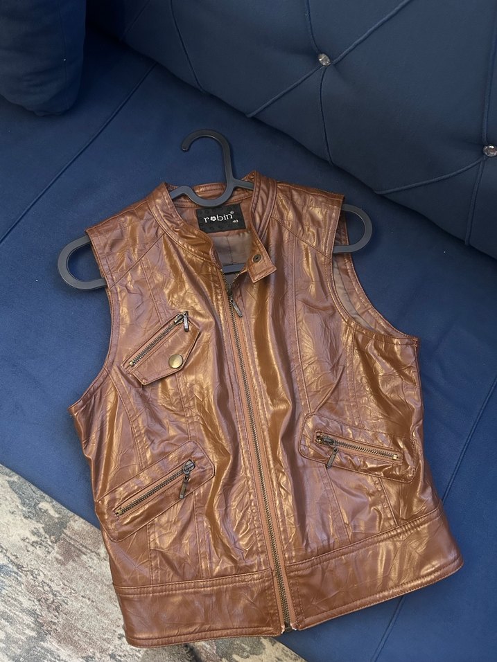 Kahverengi Kadın Deri Kemerli Biker Yelek - Görsel 3