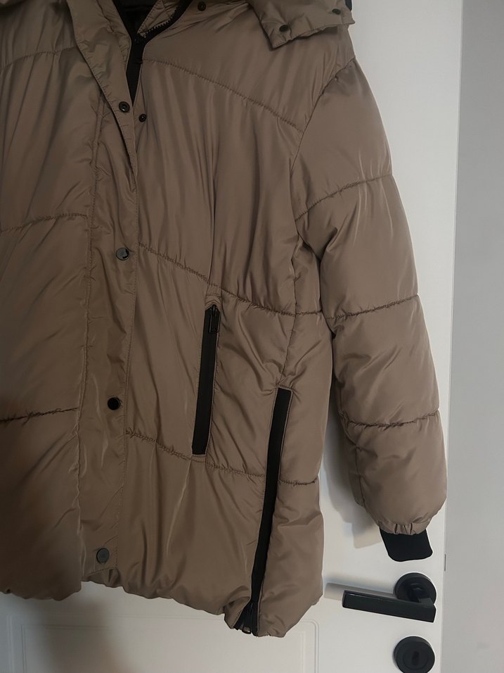 Bej Kapüşonlu Kadın Kış Montu - Görsel 4