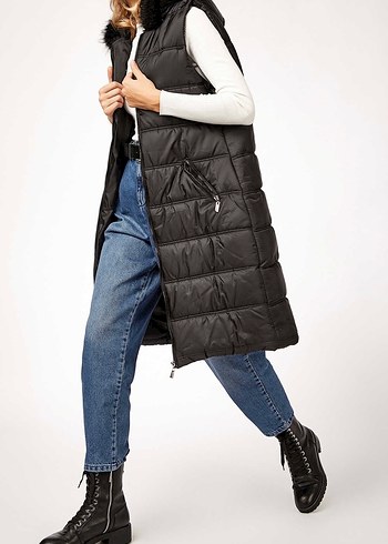 Kemerli Siyah Midi Kadın Şişme Yelek - Görsel 2