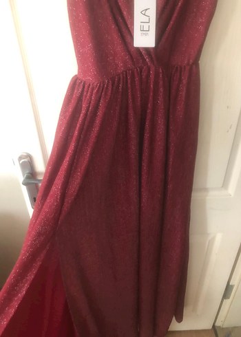 Bordo Parlak V Yaka Uzun Abiye Elbise - Görsel 6