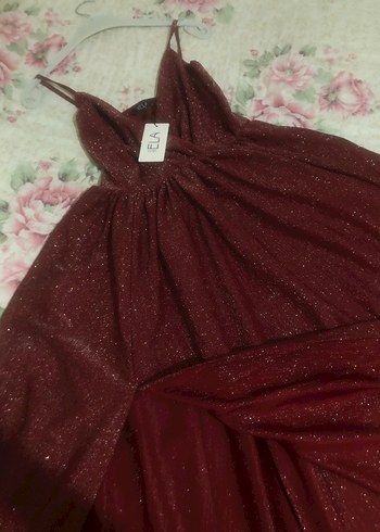 Bordo Parlak V Yaka Uzun Abiye Elbise - Görsel 5