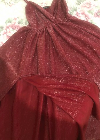 Bordo Parlak V Yaka Uzun Abiye Elbise - Görsel 2