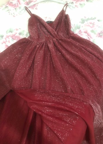 Bordo Parlak V Yaka Uzun Abiye Elbise - Görsel 4