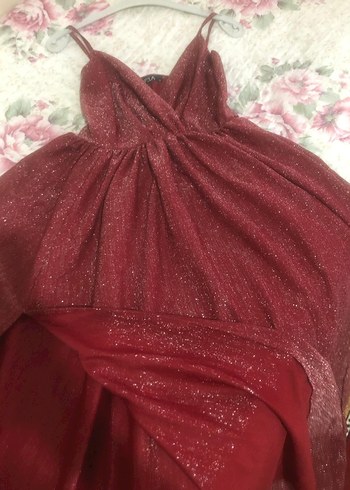 Bordo Parlak V Yaka Uzun Abiye Elbise - Görsel 3