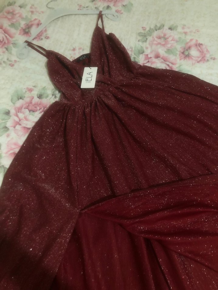 Bordo Parlak V Yaka Uzun Abiye Elbise - Görsel 5