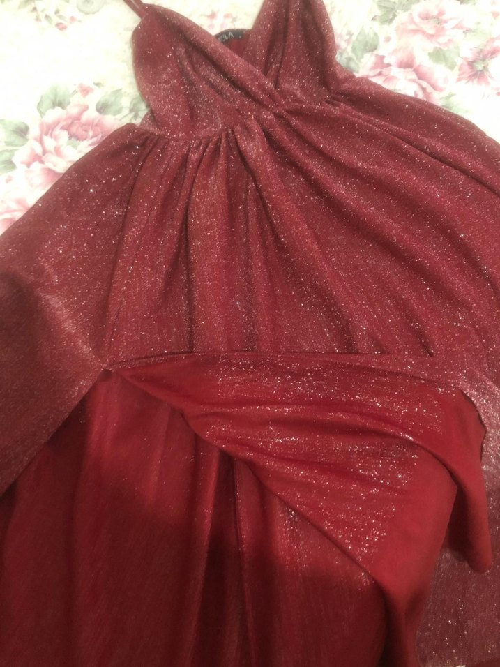 Bordo Parlak V Yaka Uzun Abiye Elbise - Görsel 2