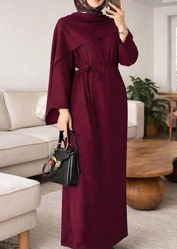 Bordo Uzun Kollu Drapeli Kadın Elbise - Görsel 2