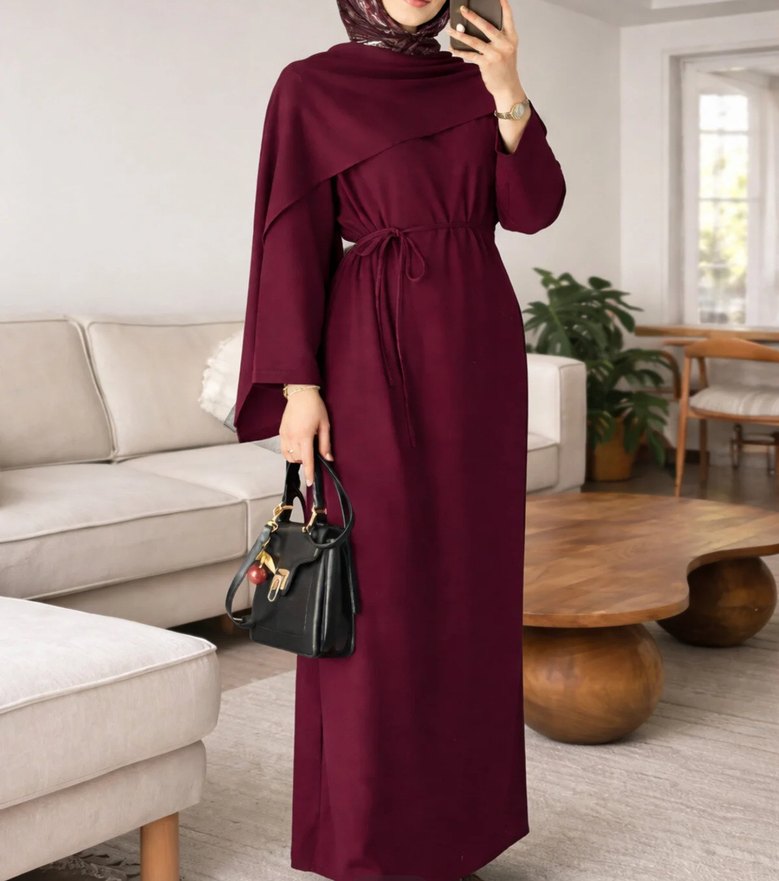 Bordo Uzun Kollu Yüksek Yakalı Salaş Elbise - Görsel 2