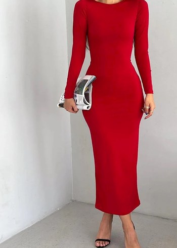 Kırmızı Uzun Kollu Yüksek Yakalı Elbise - Görsel 2