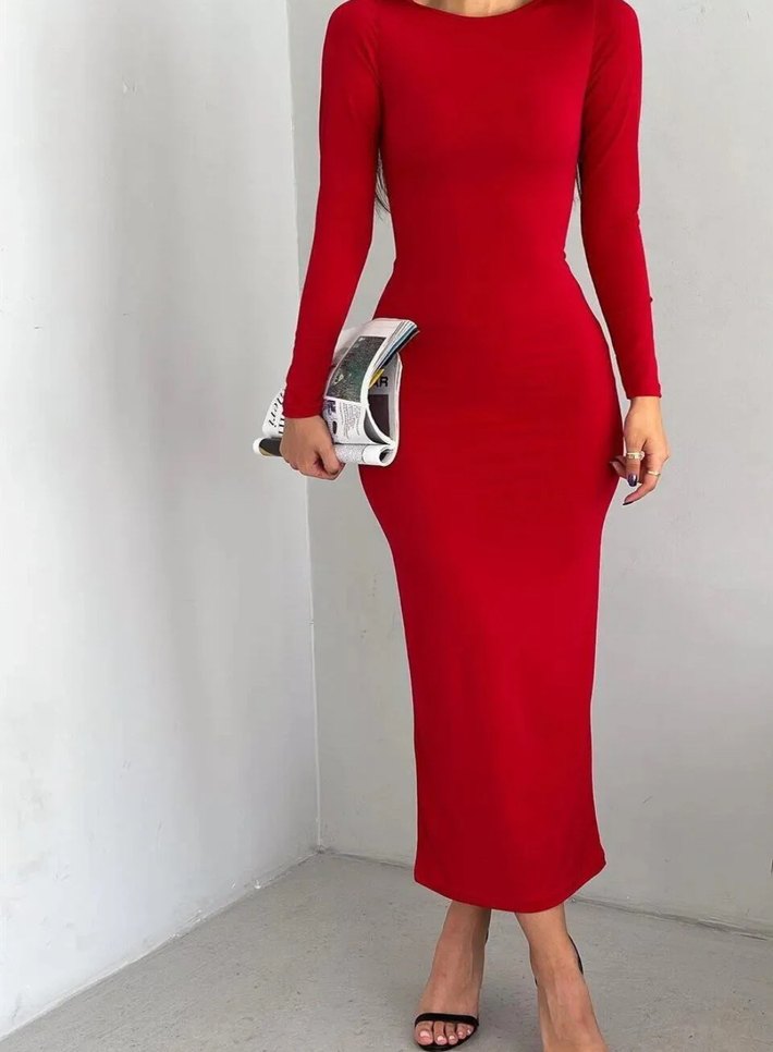 Kırmızı Uzun Kollu Yüksek Yakalı Elbise - Görsel 2