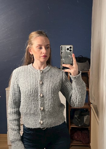 Bershka Düğmeli Gri Triko Kadın Kazak - Görsel 2