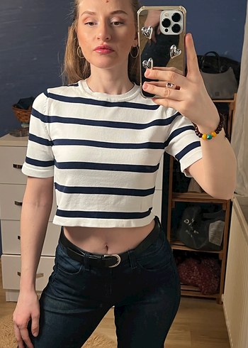 Defacto Cool Kısa Kollu Çizgili Crop Top - Görsel 2