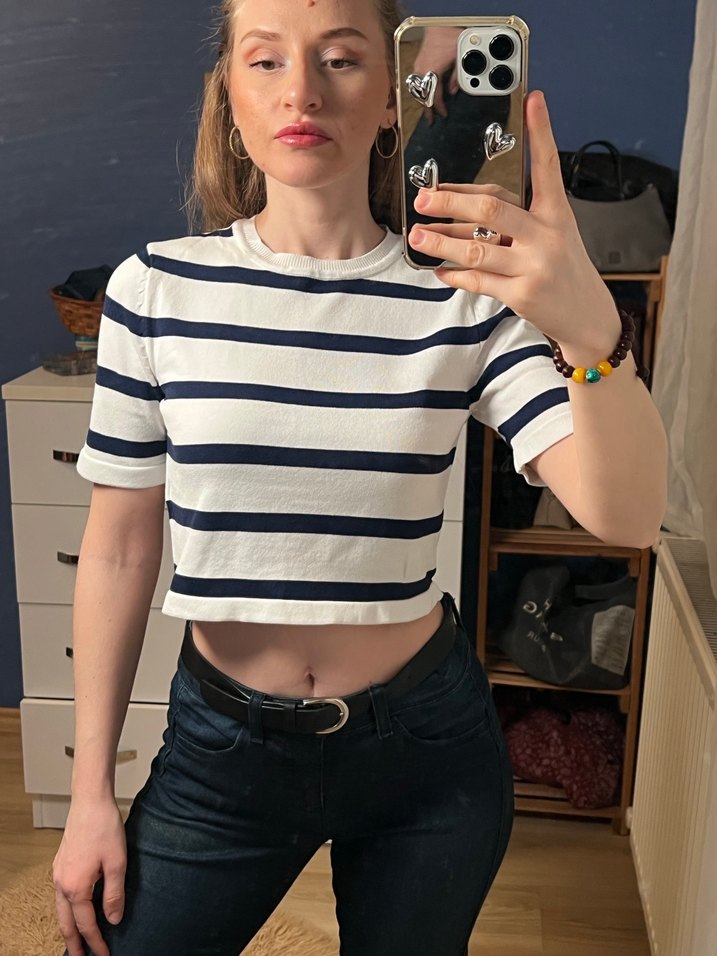 Defacto Cool Kısa Kollu Çizgili Crop Top - Görsel 2