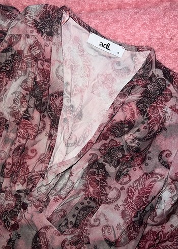 adL S Bordo Pembe Gri Karışık Desenli V Yakalı Gömlek - Görsel 3