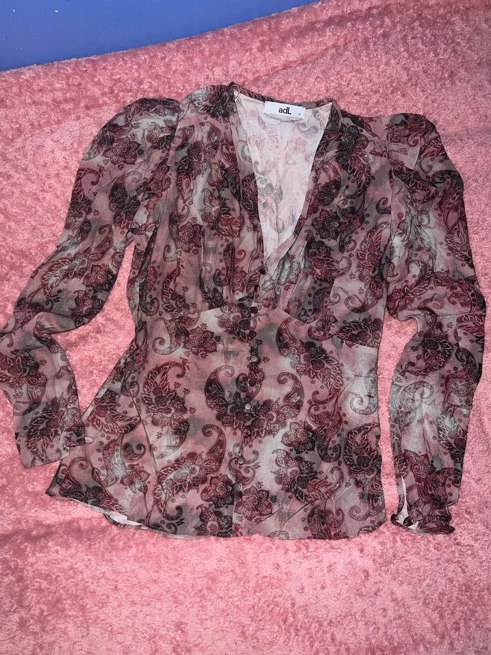 adL S Bordo Pembe Gri Karışık Desenli V Yakalı Gömlek - Görsel 2