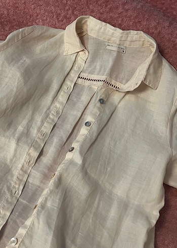 Bej Keten Gömlek, Düğmeli, Uzun Kollu - Görsel 5