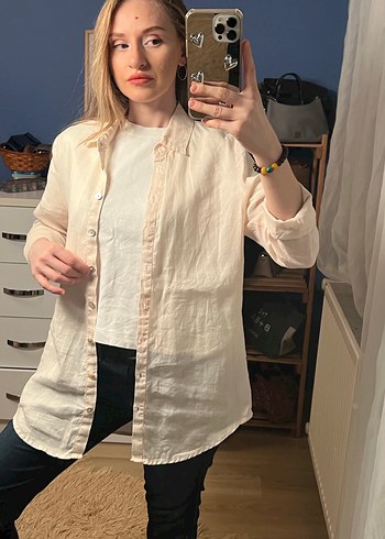 Bej Keten Gömlek, Düğmeli, Uzun Kollu - Görsel 4