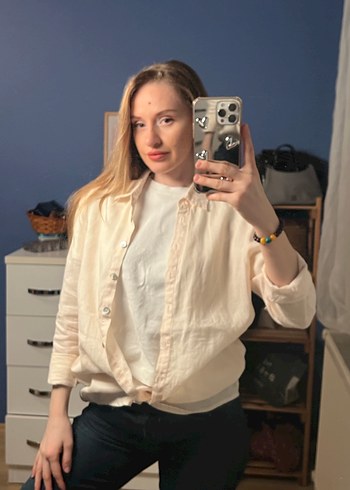 Bej Keten Gömlek, Düğmeli, Uzun Kollu - Görsel 3