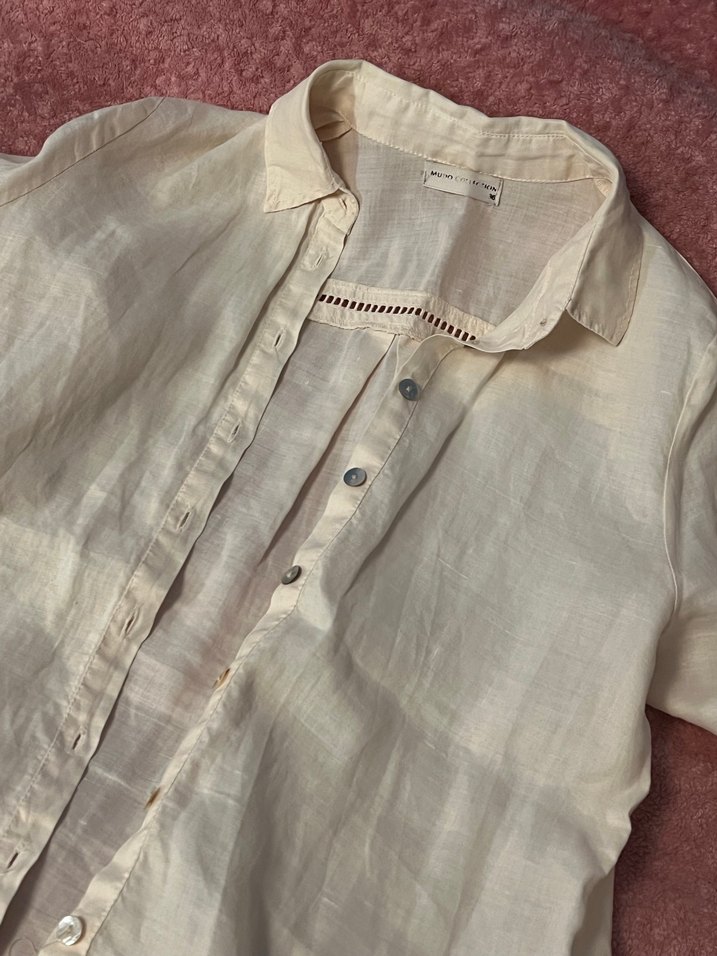 Bej Keten Gömlek, Düğmeli, Uzun Kollu - Görsel 5