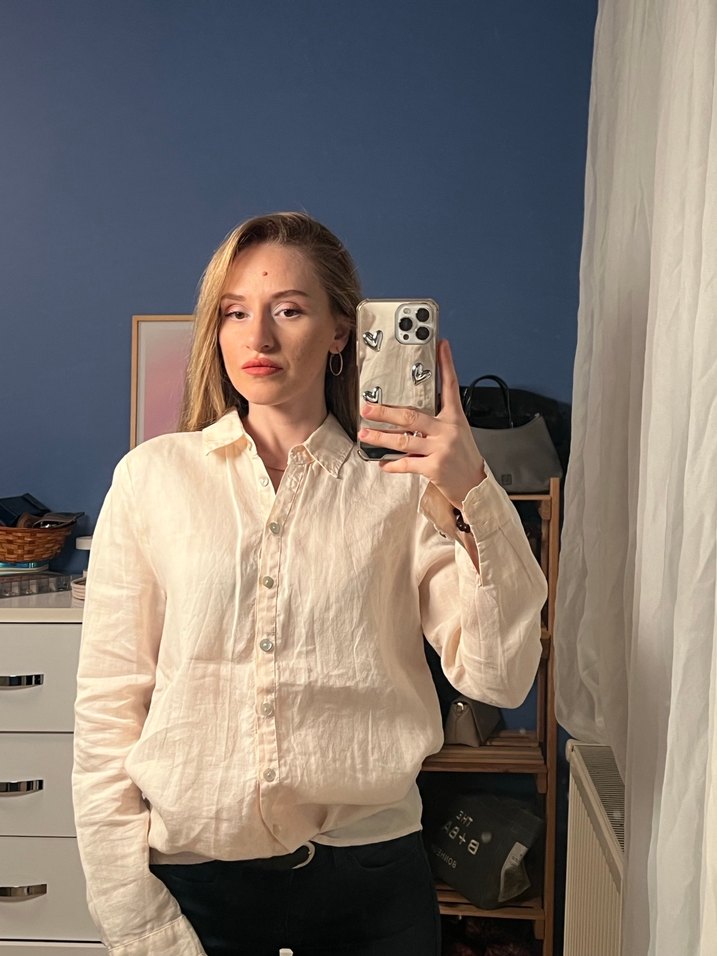 Bej Keten Gömlek, Düğmeli, Uzun Kollu - Görsel 2