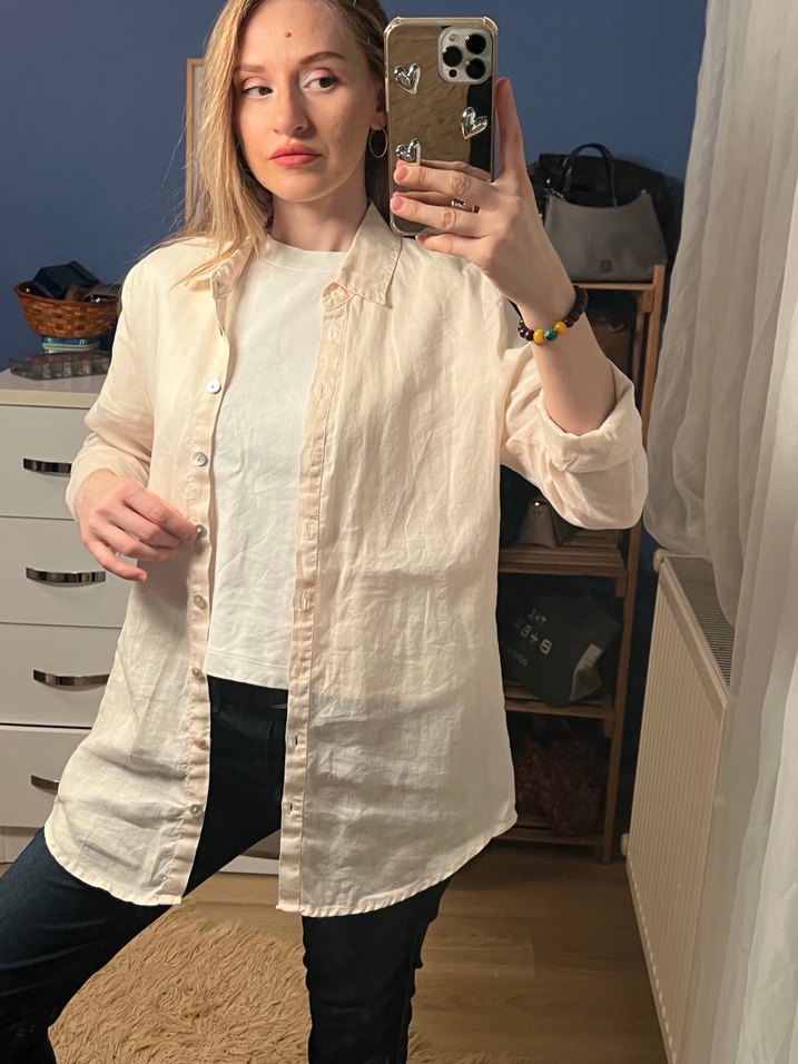 Bej Keten Gömlek, Düğmeli, Uzun Kollu - Görsel 4