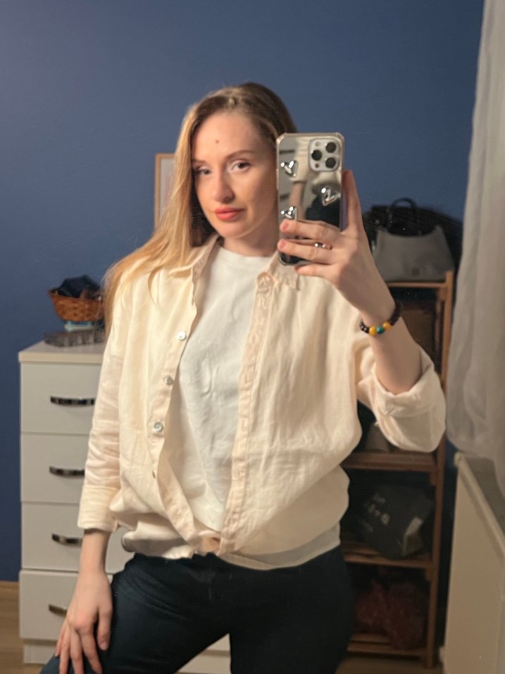 Bej Keten Gömlek, Düğmeli, Uzun Kollu - Görsel 3