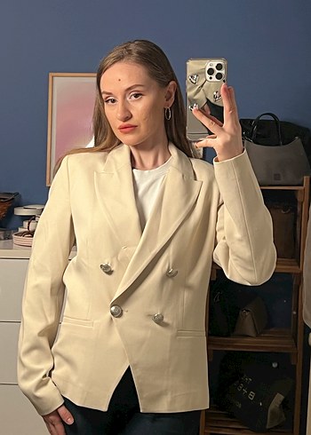 Bej Kadın Süet Düğmeli Blazer Ceket - Görsel 2