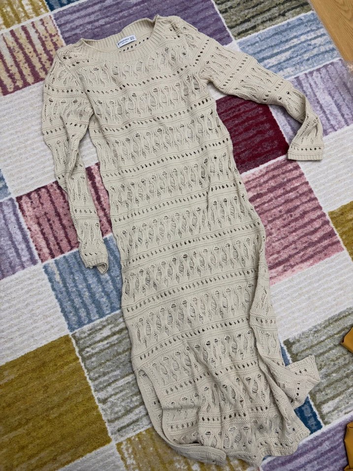 Bej Nakışlı Örgü Bohem Kadın elbise - Görsel 2