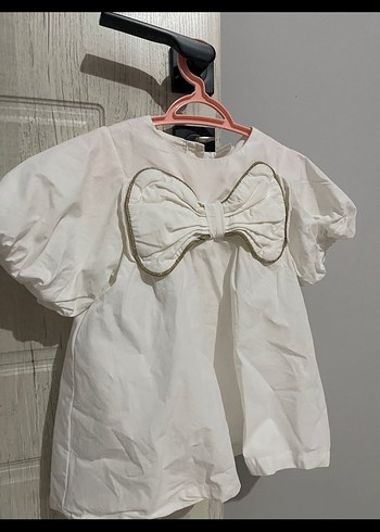 Kız Çocuk Beyaz Pamuklu Fiyonklu Elbise - Görsel 2