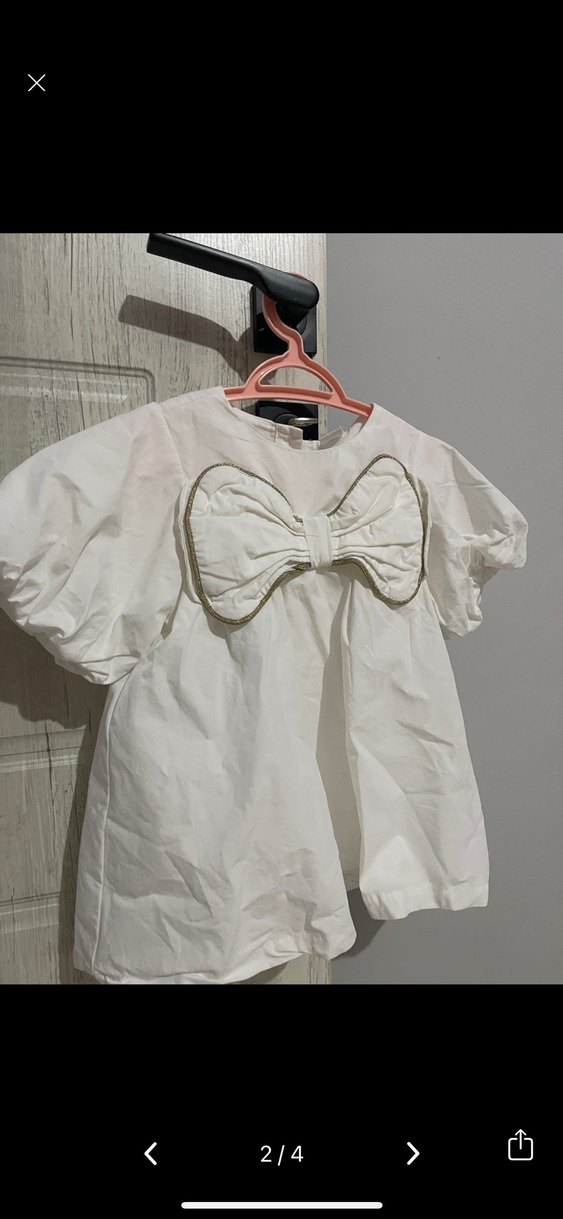 Kız Çocuk Beyaz Pamuklu Fiyonklu Elbise - Görsel 2