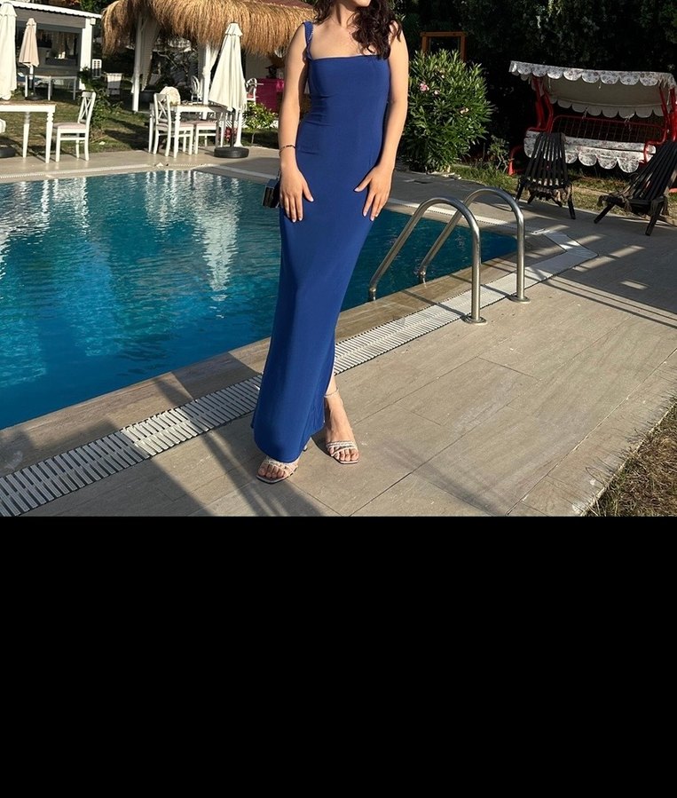 Uzun Mavi Askılı Modern Klasik Elbise - Görsel 2
