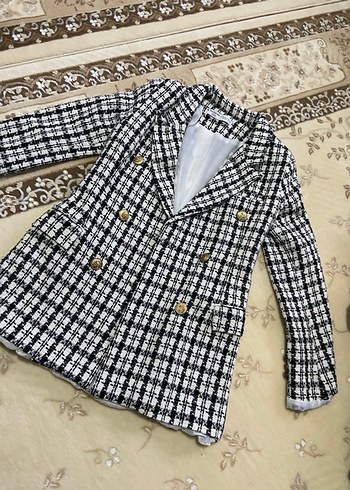 Düğmeli Uzun Kesim Ekose Beyaz Kadın Blazer - Görsel 2