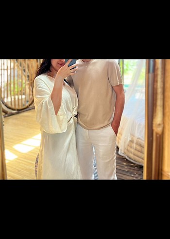 Beyaz Keten Uzun Drapeli Elbise - Görsel 2