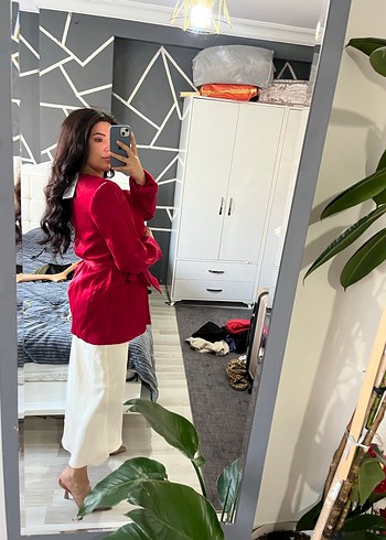 Uzun Kırmızı Kadın Ceket - Görsel 2