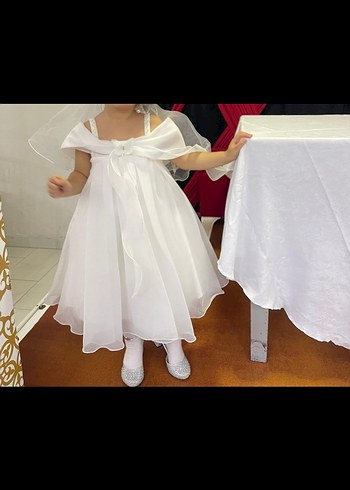 Beyaz Drapeli Klasik Çocuk Abiye Elbise - Görsel 2