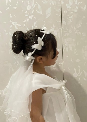 Beyaz Drapeli Klasik Çocuk Abiye Elbise - Görsel 3