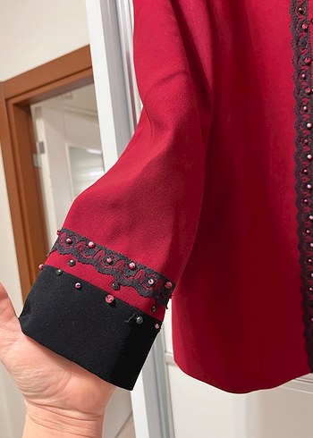 Bordo İşlemeli Midi Ceket - Görsel 3