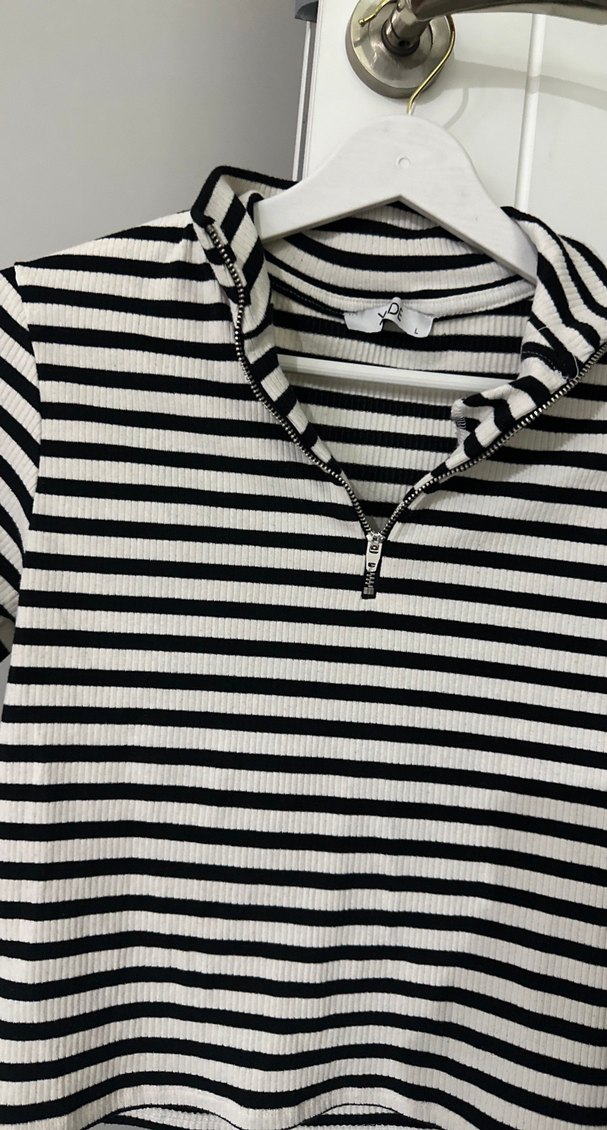 Uzun Kollu Fermuarlı Çizgili Kadın Triko - Görsel 2