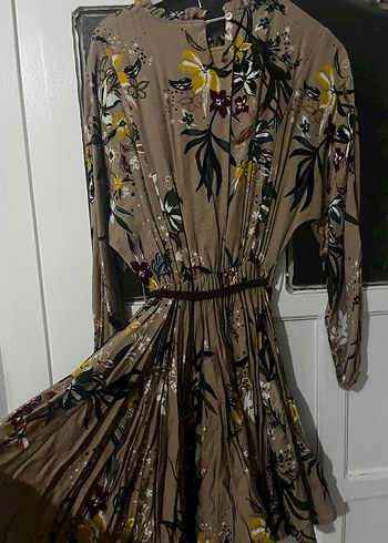 Desenli Bohem Uzun Kollu Bej Elbise - Görsel 4